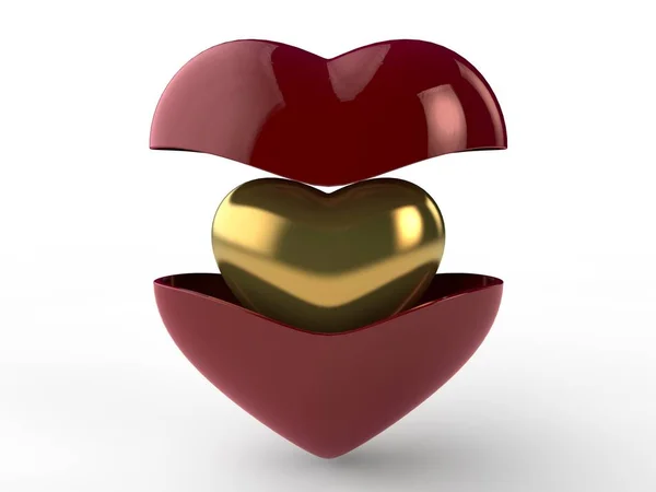 An image of a red heart is divided into two parts. Inside a hidden heart of gold. The idea of the holiday Valentine, day, love. 3D rendering