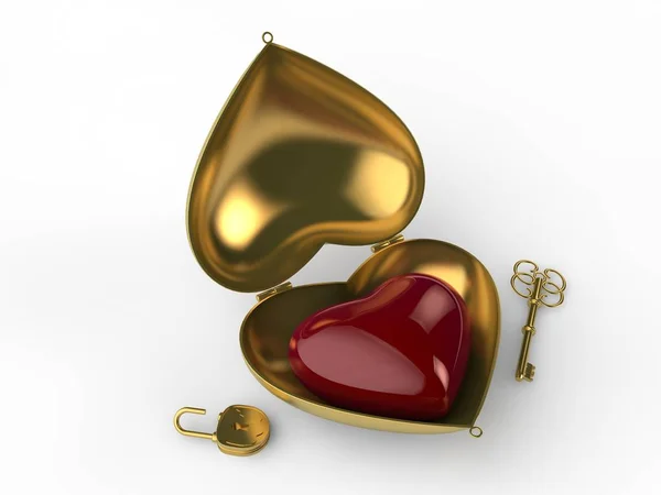Obrázek Zlatá Krabička Tvaru Srdce Červeným Srdcem Uvnitř Zámek Klíčem — Stock fotografie