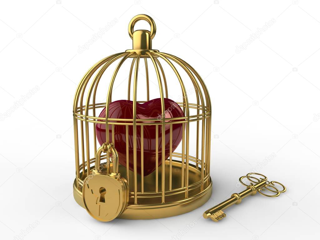 The image of the Golden cage and a red heart, symbol of Valentine's day, the lovers ' holiday. Heart in a cage, closed on the lock and a Golden key. The idea of captivity, of the holiday. 3D rendering