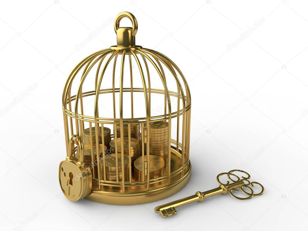 The image of the Golden cage with lots of gold coins dollars, enclosed in a cage at a Golden lock and key. The idea of storing money in the Bank. Trap. 3D rendering on white background. Isolated
