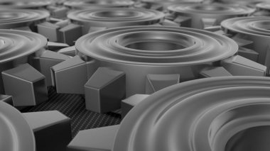 3D arka plan resmi bir set, altın, gümüş ve platin bir takım içinde çalışma metal dişli bir grup. 3D rendering ile alan derinliği. Uyum ve birlik fikri