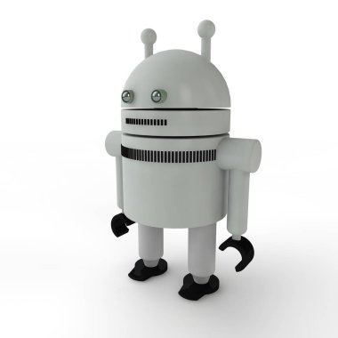 bir insana ilişkin robot, kötülüğün simgesi, altın ve yeşil metal, beyaz bir arka plan üzerinde güzel görüntüsü. 3D render