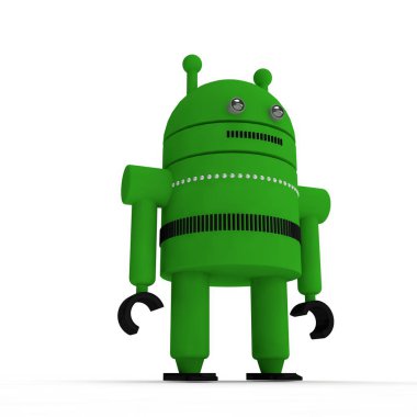 yeşil bir insansı robot resmini sembol, sistem Android, beyaz arka plan üzerinde tek. 3D render.
