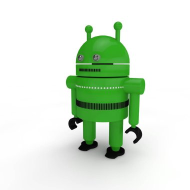 yeşil bir insansı robot resmini sembol, sistem Android, beyaz arka plan üzerinde tek. 3D render.