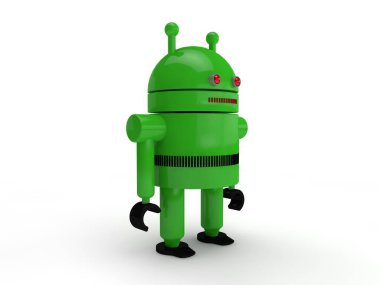 yeşil bir insansı robot resmini sembol, sistem Android, beyaz arka plan üzerinde tek. 3D render.