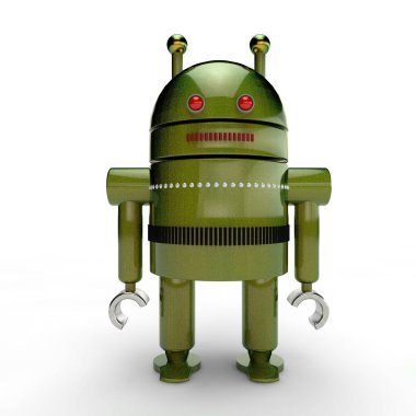 bir insana ilişkin robot, kötülüğün simgesi, altın ve yeşil metal, beyaz bir arka plan üzerinde güzel görüntüsü. 3D render