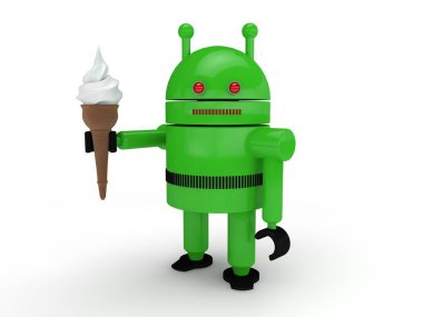 bir yeşil insansı robot, sembol, sistemi, görüntü Android, Bebek kremi tutar. bir beyaz bir arka plan üzerinde. 3D render.