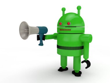 yeşil bir insansı robot, bir sembol bir hoparlör tutan kötülüğün görüntüsünü. bir beyaz bir arka plan üzerinde. 3D render.