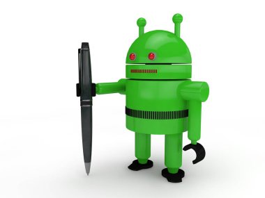 bir yeşil insansı robot, sembol, sistemi, görüntü Android, yazmak için kalem tutar. bir beyaz bir arka plan üzerinde. 3D render.