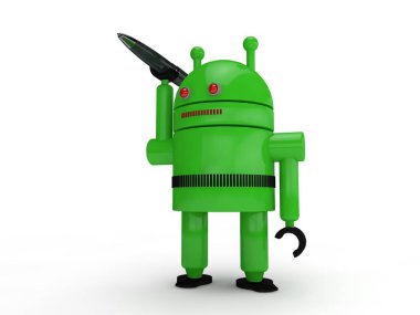 bir yeşil insansı robot, sembol, sistemi, görüntü Android, yazmak için kalem havada tutar. bir beyaz bir arka plan üzerinde. 3D render.