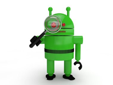 yeşil bir insansı robot, sembol bir büyüteç seyir Android sistemi görüntüsü. arama fikri. bir beyaz bir arka plan üzerinde. 3D render.