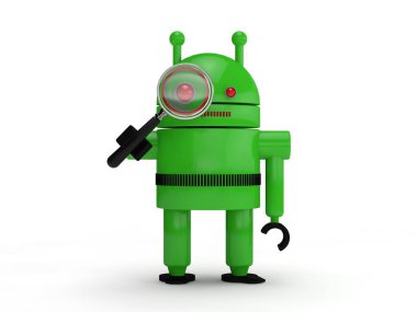 bir yeşil insansı robot, sembol, sistemi, görüntü Android, Büyüteç tutar. arama fikri. bir beyaz bir arka plan üzerinde. 3D render.