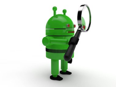 bir yeşil insansı robot, sembol, sistemi, görüntü Android, Büyüteç tutar. arama fikri. bir beyaz bir arka plan üzerinde. 3D render.