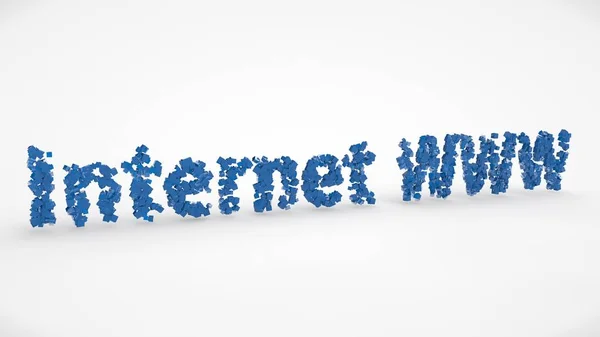 text Internet of the many blue cubes in a cloud of pixels, the image is on a white background. 3D rendering