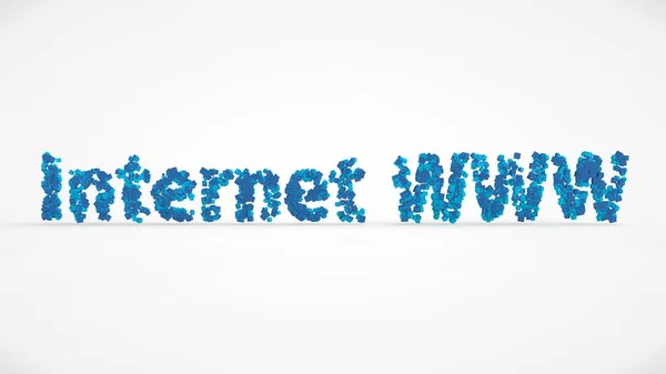 text Internet of the many blue cubes in a cloud of pixels, the image is on a white background. 3D rendering