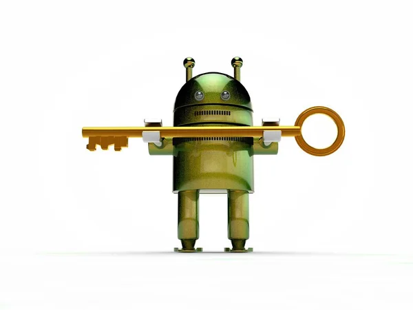 一个人形机器人的美丽形象 黄金和绿色金属的象征 手里拿着一把来自城堡的金钥匙 一个在白色的背景上 — 图库照片