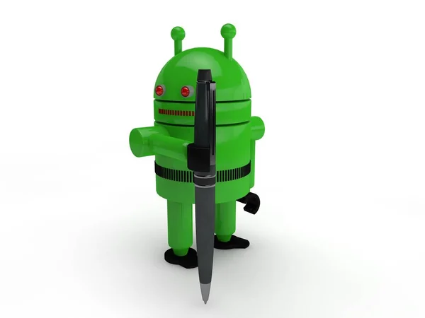 Изображение Зеленого Гуманоидного Робота Символ Система Android Держит Ручку Письма — стоковое фото