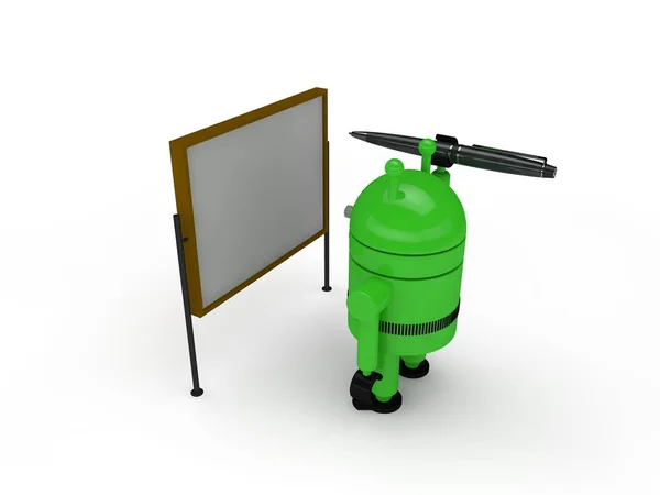 Изображение Зеленого Гуманоидного Робота Символа Системы Android Держит Воздухе Ручку — стоковое фото