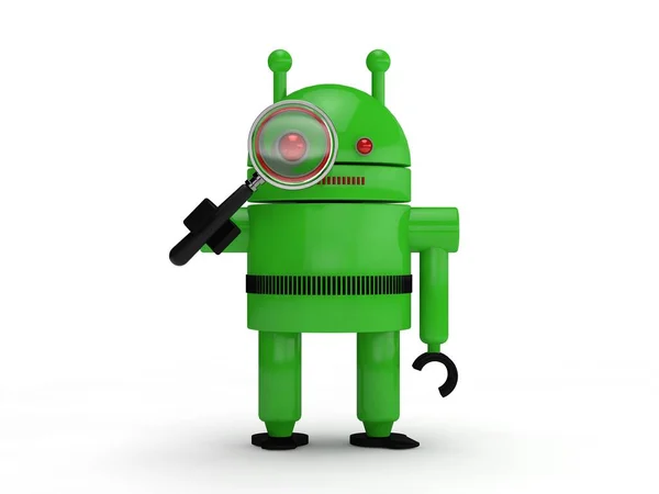 Obraz Zielony Robot Humanoidalny Symbol System Android Posiada Szkło Powiększające — Zdjęcie stockowe