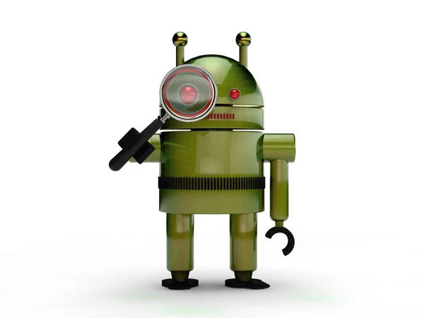 Obraz Zielony Robot Humanoidalny Symbol Systemu Android Patrząc Przez Szkło — Zdjęcie stockowe