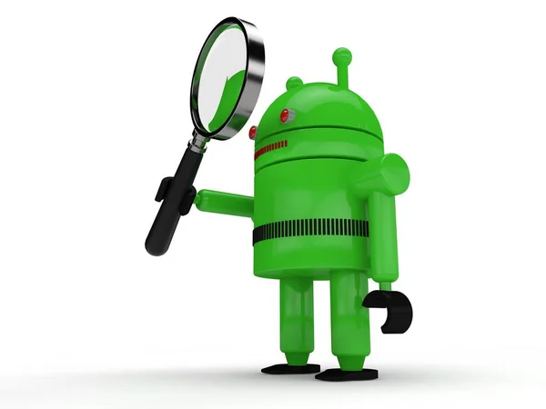Imagen Robot Humanoide Verde Símbolo Sistema Android Sostiene Una Lupa — Foto de Stock