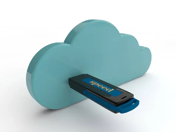 the image of the flash drive and cloud storage of information, the idea of sharing information and downloads. 3D rendering