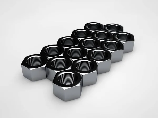 Image Many Metal Nuts Laid Out Cells White Background Idea — Stock Photo, Image