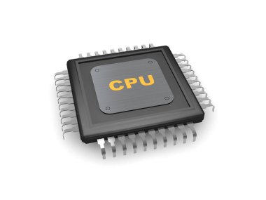 siyah, parlak işlemci ile bir metal plaka ve altın metin Cpu, beyaz bir arka plan üzerinde çizik. 3D render