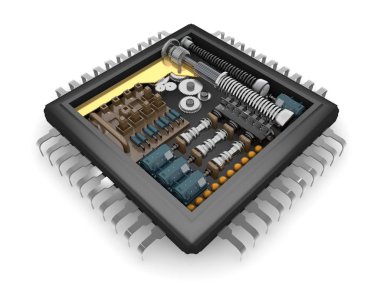 Cpu, dişli, Redüktör mekanizmasının iç yapısını yaylar ve motorlar, fikir mekanizması. Beyaz bir arka plan görüntü. 3D render