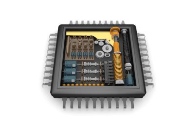 Cpu, dişli, Redüktör mekanizmasının iç yapısını yaylar ve motorlar, fikir mekanizması. Beyaz bir arka plan görüntü. 3D render