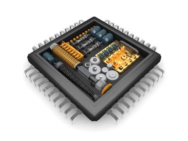 Cpu, dişli, Redüktör mekanizmasının iç yapısını yaylar ve motorlar, fikir güç ve çok yönlülük beyaz bir arka plan resmi. 3D render