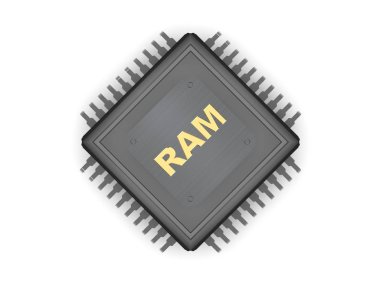 Siyah Cpu, gümüş rehber, metal plaka ve RAM, hız, güç ve güç sembolü Altın metin görüntüsü. Beyaz arka plan üzerinde 3d render