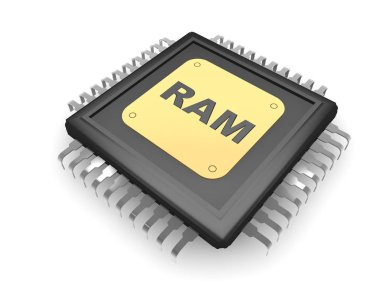Siyah Cpu, gümüş rehber, altın plaka ve RAM, hız, güç ve güç sembolü gümüş metin görüntüsü. Beyaz arka plan, 3d render yakın çekim