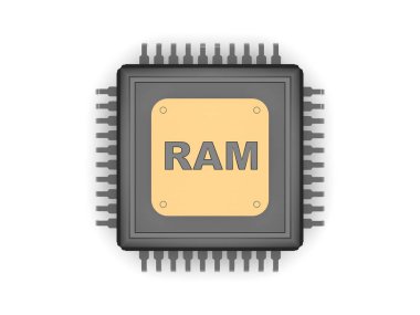 Siyah Cpu, gümüş rehber, altın plaka ve RAM, hız, güç ve güç sembolü gümüş metin görüntüsü. Beyaz arka plan, 3d render yakın çekim