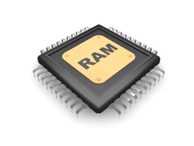 Siyah Cpu, gümüş rehber, altın plaka ve RAM, hız, güç ve güç sembolü gümüş metin görüntüsü. Beyaz arka plan, 3d render yakın çekim
