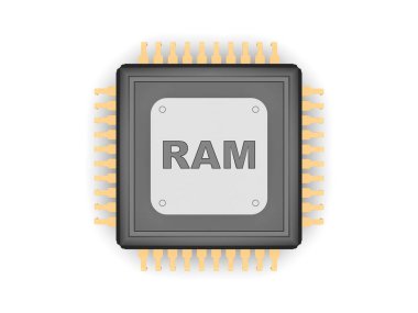 Siyah Cpu, altın görüntü iletişim, gümüş tabak ve titanyum metin RAM, hız, güç ve güç sembolü. Beyaz arka plan, 3d render yakın çekim