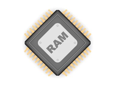 Siyah Cpu, altın görüntü iletişim, gümüş tabak ve titanyum metin RAM, hız, güç ve güç sembolü. Beyaz arka plan, 3d render yakın çekim