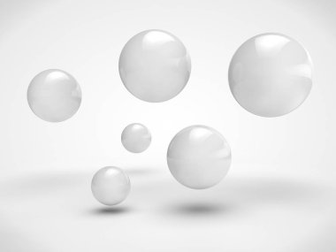 Farklı boyut, beyaz renk, rastgele uzayda bulunan topları kümesi görüntüsü. Görüntü üzerinde beyaz bir arka plan izole. 3D render