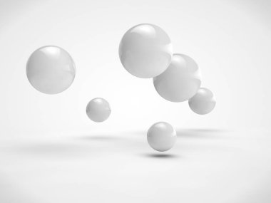 Farklı boyut, beyaz renk, rastgele uzayda bulunan topları kümesi görüntüsü. Görüntü üzerinde beyaz bir arka plan izole. 3D render
