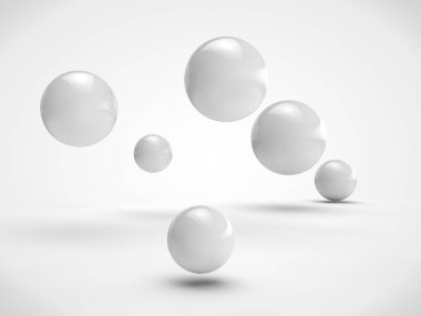 Farklı boyut, beyaz renk, rastgele uzayda bulunan topları kümesi görüntüsü. Görüntü üzerinde beyaz bir arka plan izole. 3D render
