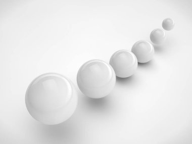 Topları beyaz, irili ufaklı dizi görüntü sırayla uzayda yer alıyor. Beyaz bir arka plan üzerinde sipariş ve amaç sembolü izole görüntü. 3D render
