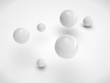 Farklı boyut, beyaz renk, rastgele uzayda bulunan topları kümesi görüntüsü. Görüntü üzerinde beyaz bir arka plan izole. 3D render