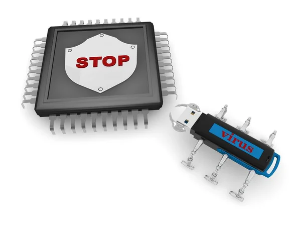 Черный процессор с металлическим экраном и красный текст стоп и серебряный контакт, и вирус от USB палку, символ, антивирус и безопасность, на белом фоне. 3D рендеринг — стоковое фото