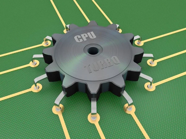The image of a black powerful CPU, the gear reducer with platinum text cpu TURBO, with the gold contacts on the green Board. 3D rendering