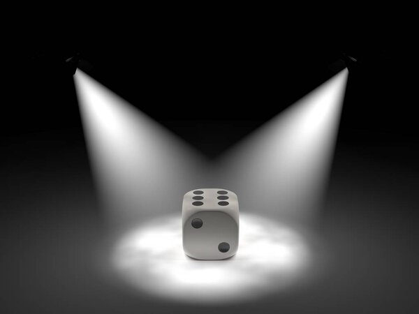 Image dice luminous flux under two spotlights in the center of the stage. 3D rendering on white background.