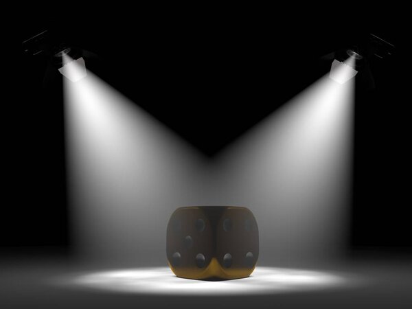 The image of the Golden dice under a luminous flux of the floodlight in the center of the stage. 3D rendering on white background.