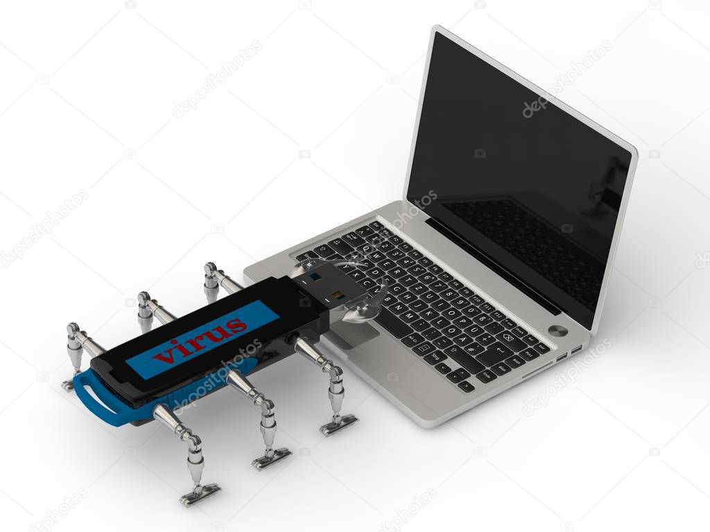 picture of laptop and computer virus, cockroach of the stick, symbol, threats, white background. 3D rendering