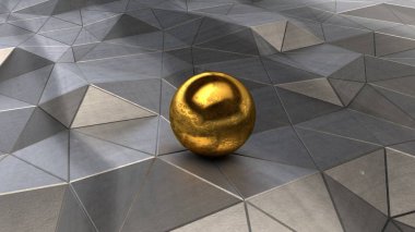 Fütüristik, soyut resim Çokgen gümüş metal, tatili, çatlaklar ve virajlı, yansımaları ve gölgeler pürüzlü yüzeylerde. Merkezi, pas lekeleri ile altın top yakın çekim. 3D render.
