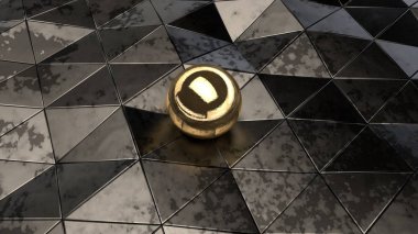 Fütüristik, soyut resim Çokgen gümüş metal rütbeleri, tatili, çatlaklar ve virajlı, yansımalar ve gölgeler pürüzlü yüzeylerde lekeli. Altın top merkezi. 3D render.