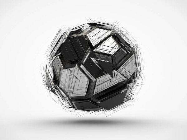 The image of black polyhedron, the explosion of the body of the national Assembly a number of metal fragments, the idea of chaos and destruction. Abstraction on a white background. 3D rendering.